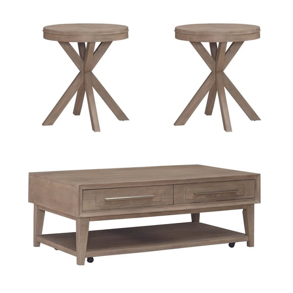 Liberty Furniture 3 Piece Living Room Set, Cocktail Table, 2 Round End Tables - Sandstone Oak Wood