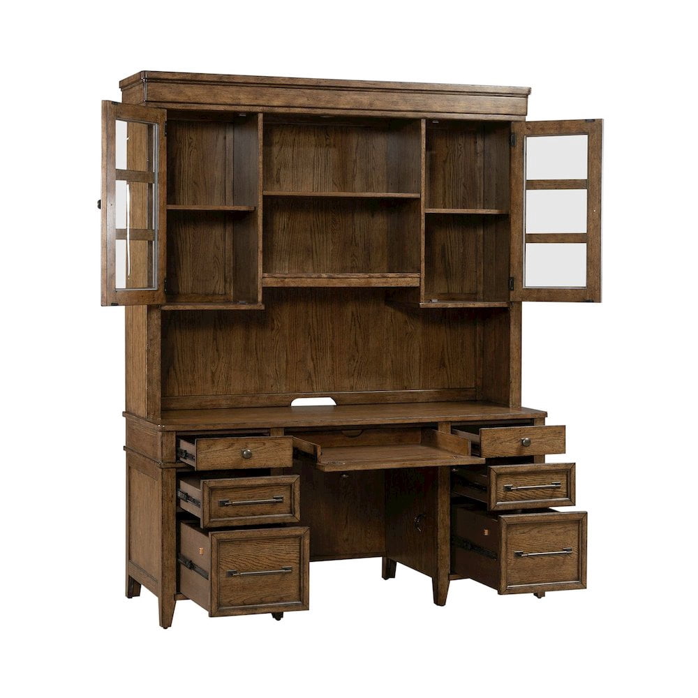 Liberty Furniture 5 Piece Jr Executive Set with Desk, Credenza & Hutch- Amber Brown Oak Wood