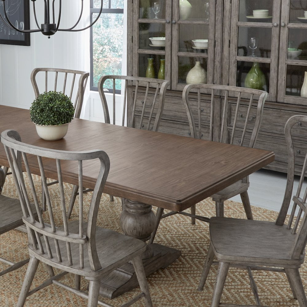 Riverstone Gray & Tobacco Pine Wood Trestle Table Set with 6 Chairs