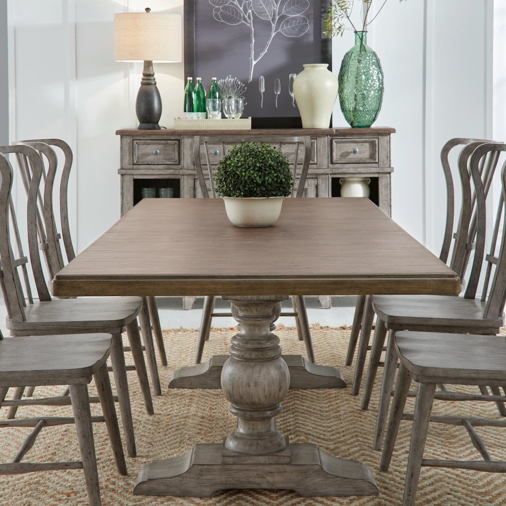 Riverstone Gray and Tobacco Pine 9-Piece Trestle Dining Set
