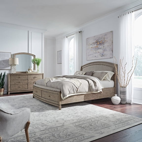 Liberty Furniture Avalon King Upholstered Storage Bed, Dresser & Mirror - Bedroom Furniture Sets