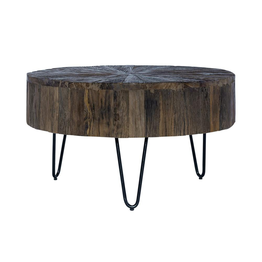 Rustic Oval Brown Wood and Metal Cocktail Table