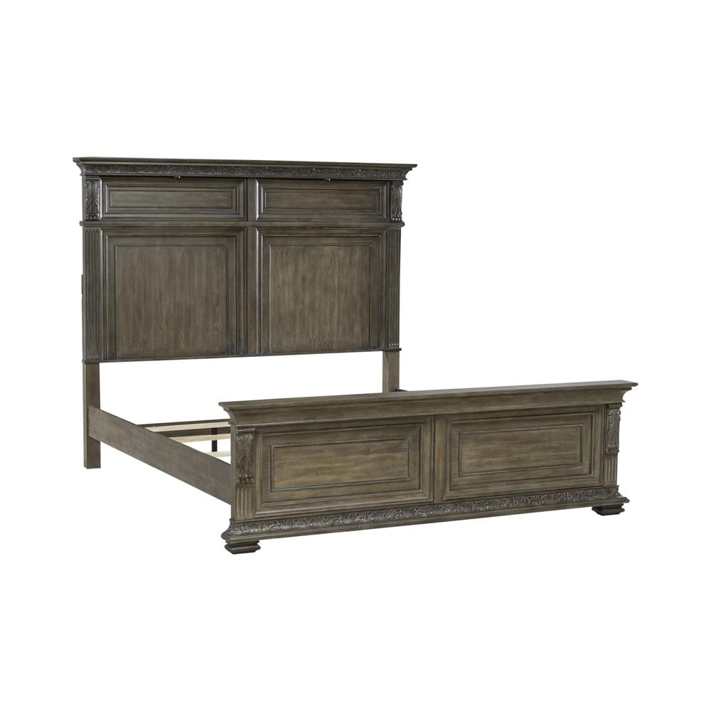 Chestnut King Wood Panel Bed with Lighted Upholstered Headboard