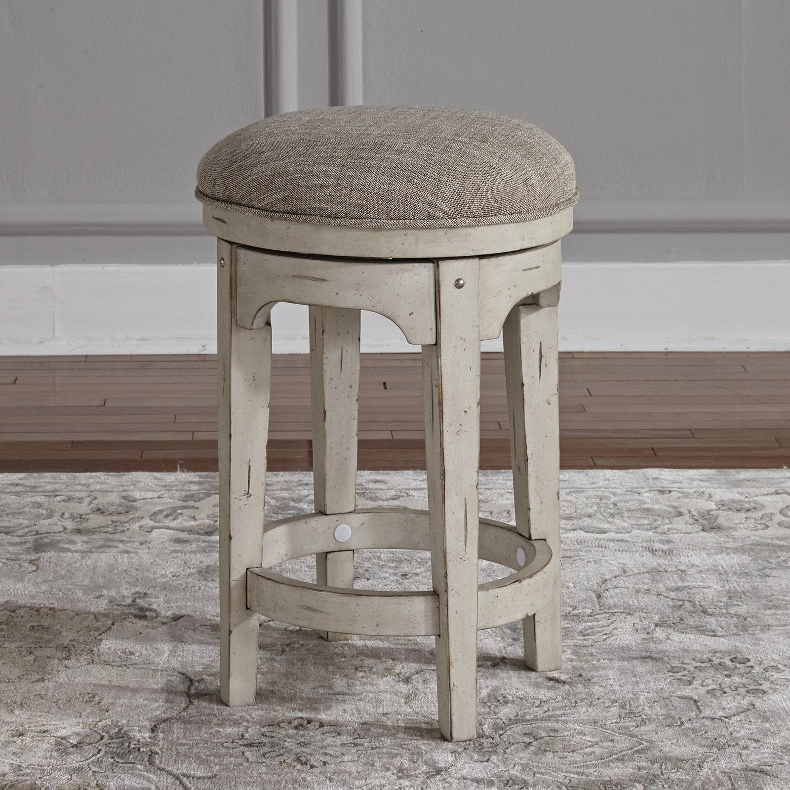 Antique White and Tobacco Wood Swivel Counter Stool