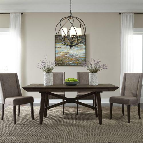 Dark Chestnut Trestle Table Set with Gray Linen Chairs