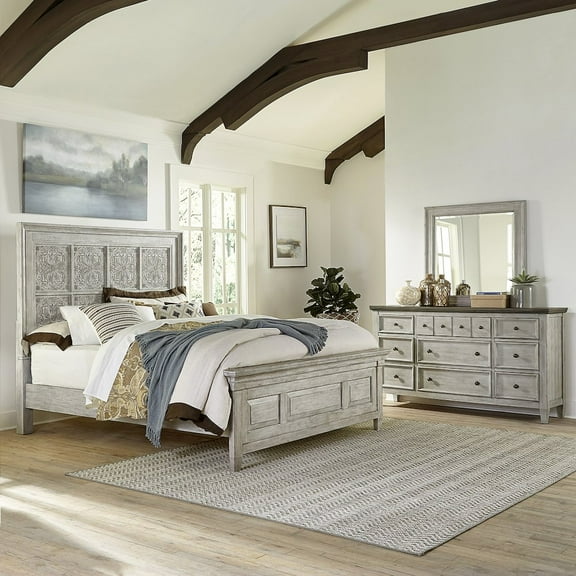 Liberty Furniture Industies, INC Heartland Opt Queen Panel Bed, Dresser & Mirror - Antique White w/ Tobacco Tops