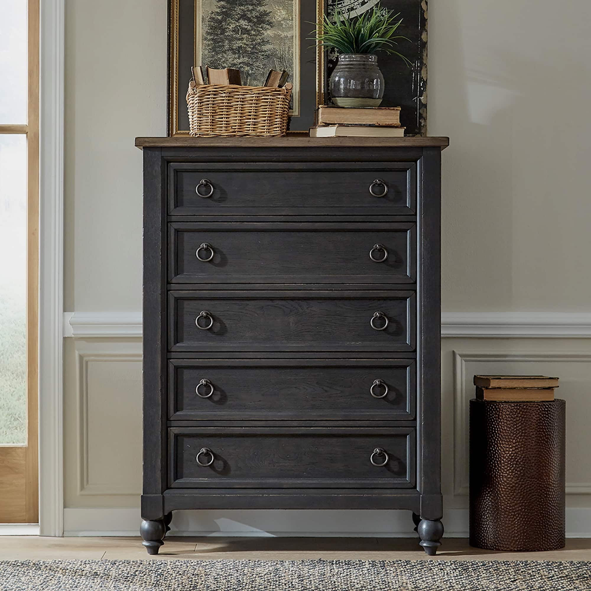 Black Farmhouse 5-Drawer Chest with Soft Close and Felt Lined Drawers