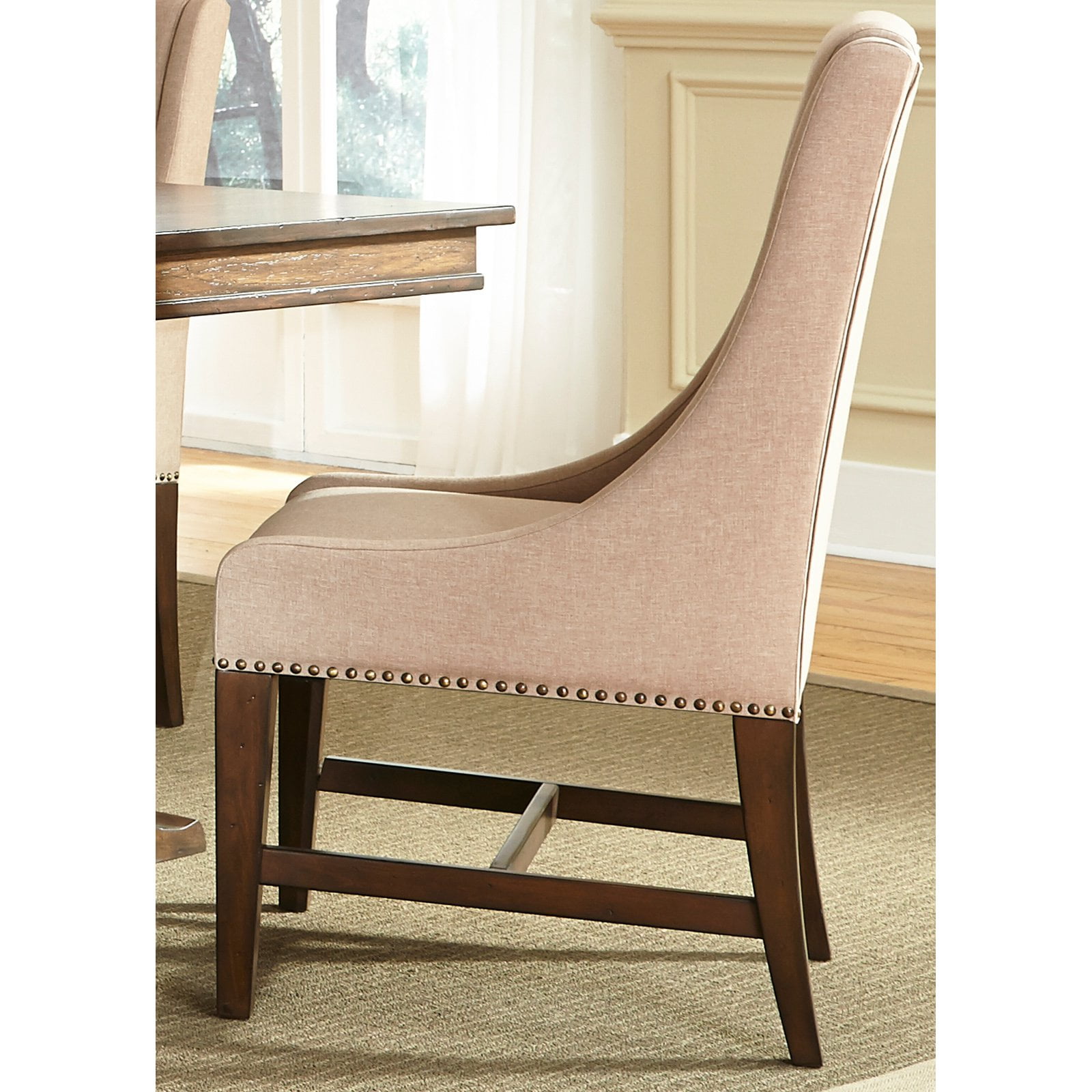 Antique Brownstone Upholstered Linen Side Chair with Wood Frame