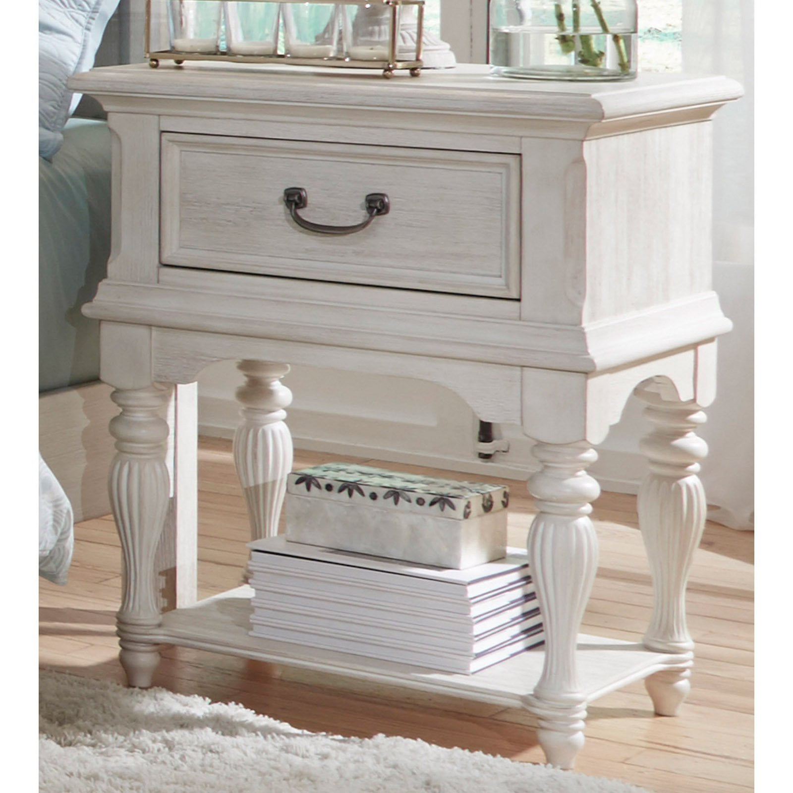 Bayside Antique White Pine and Acacia 1-Drawer Nightstand