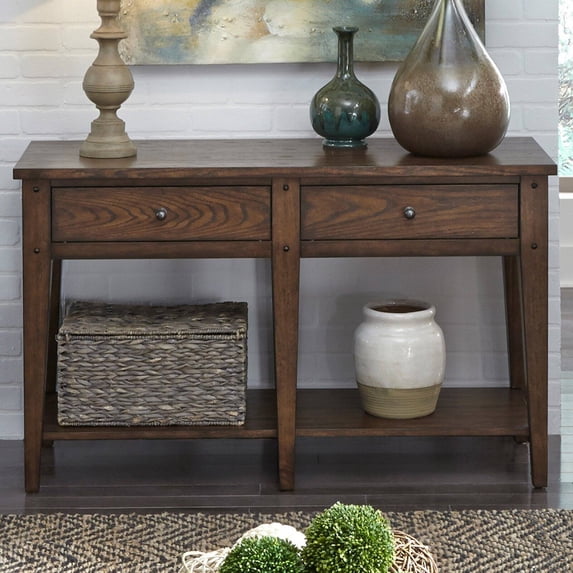 Liberty Furniture Lake House Console Table, brown oak finish, two drawers, bottom shelf, tapered legs