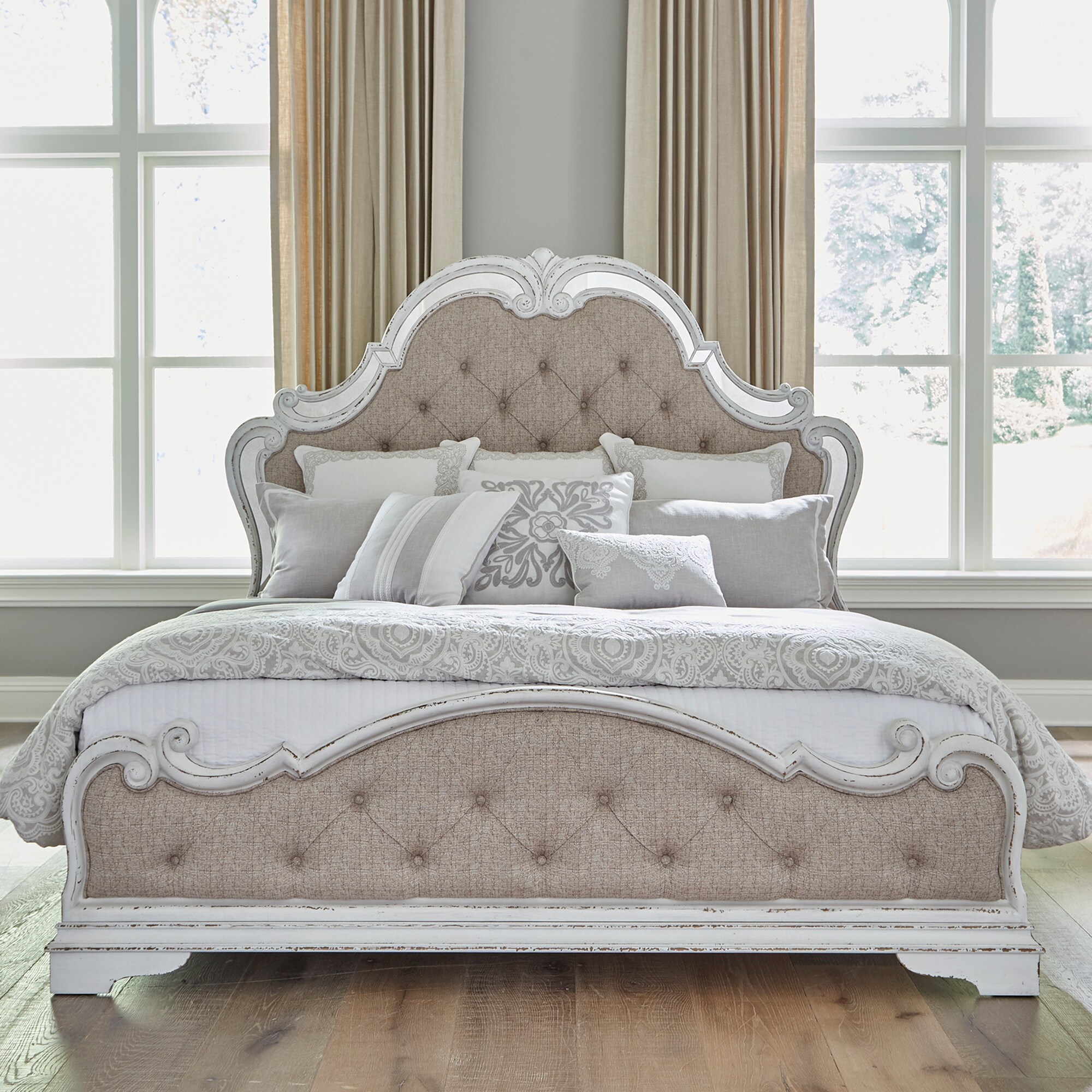 Liberty Furniture Industries Magnolia Manor Antique White King Mirrored Upholstered Bed