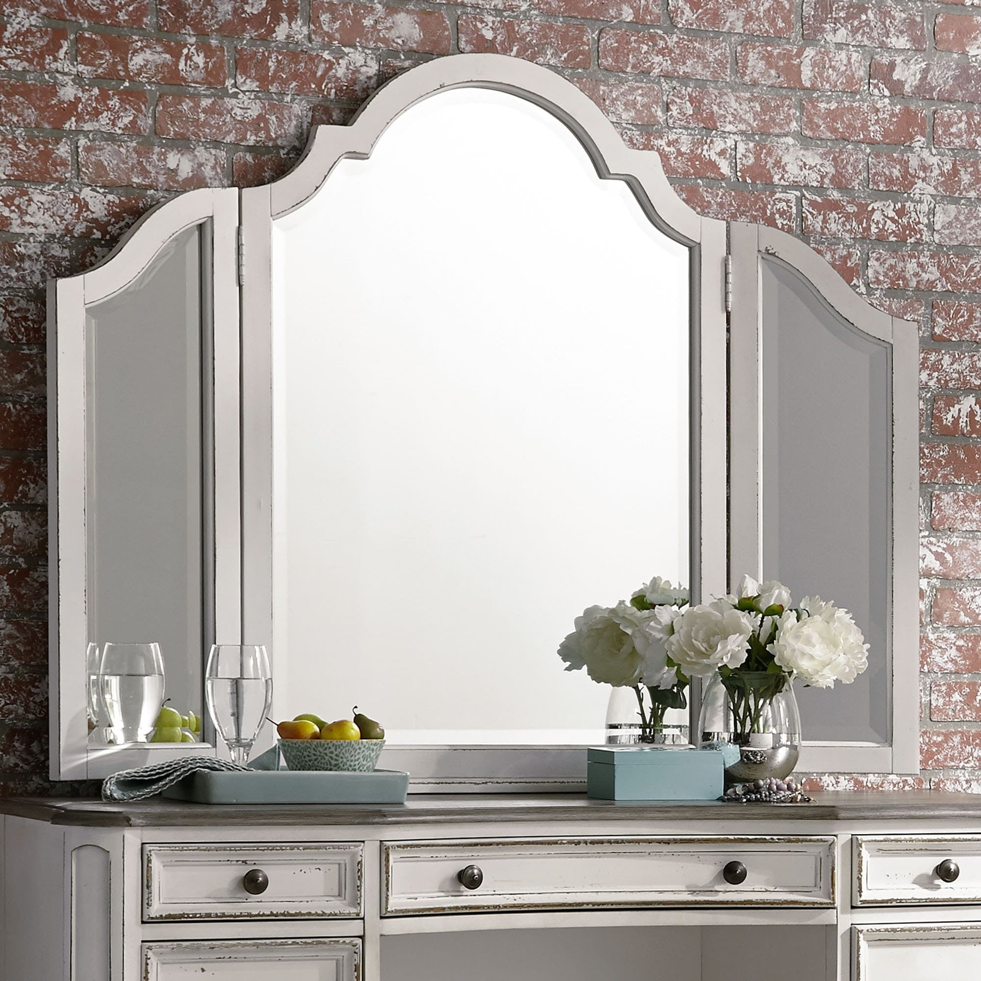 Antique White Tri-Fold Vanity Mirror with Artistic Chipping