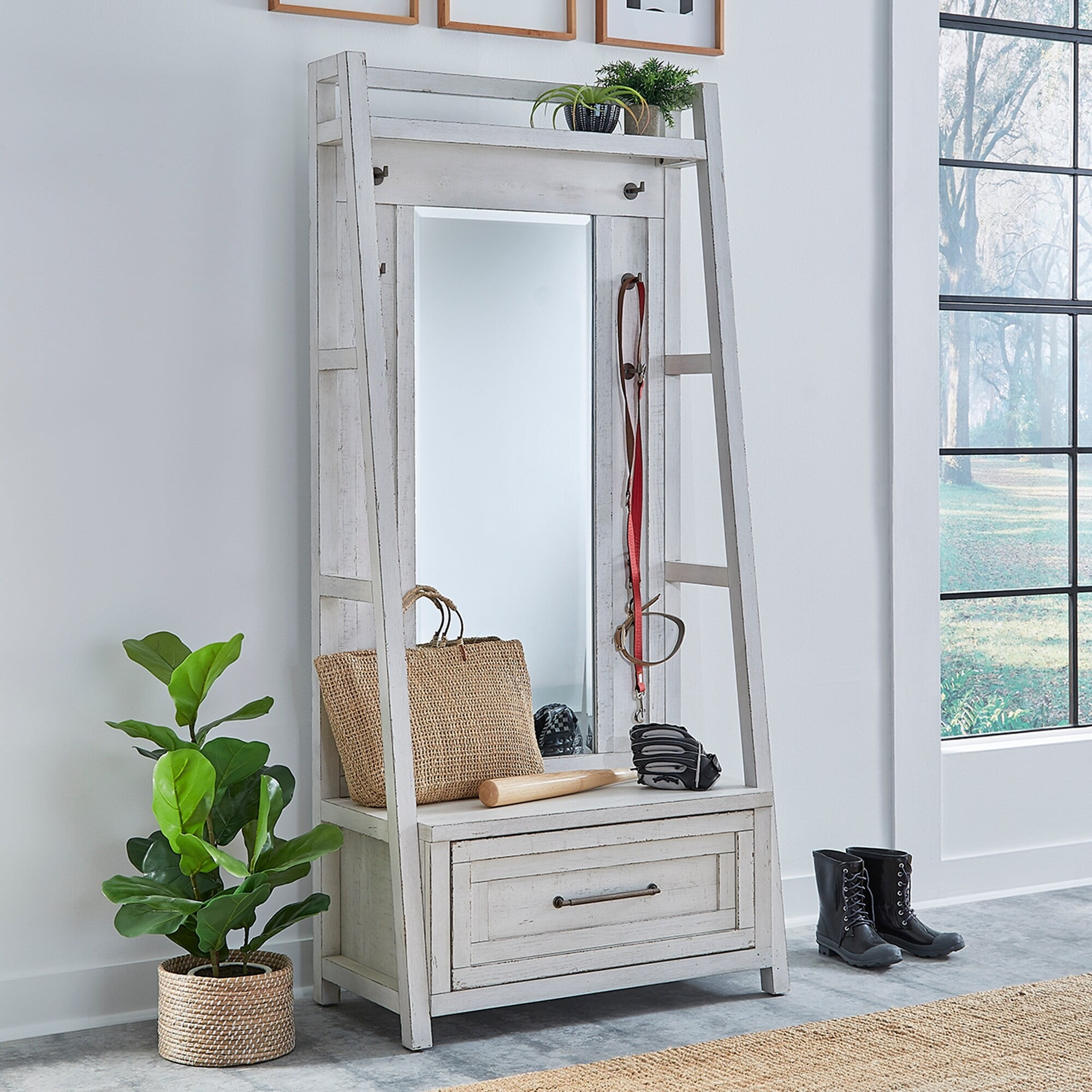 Modern Farmhouse White Oak Hall Tree with Storage