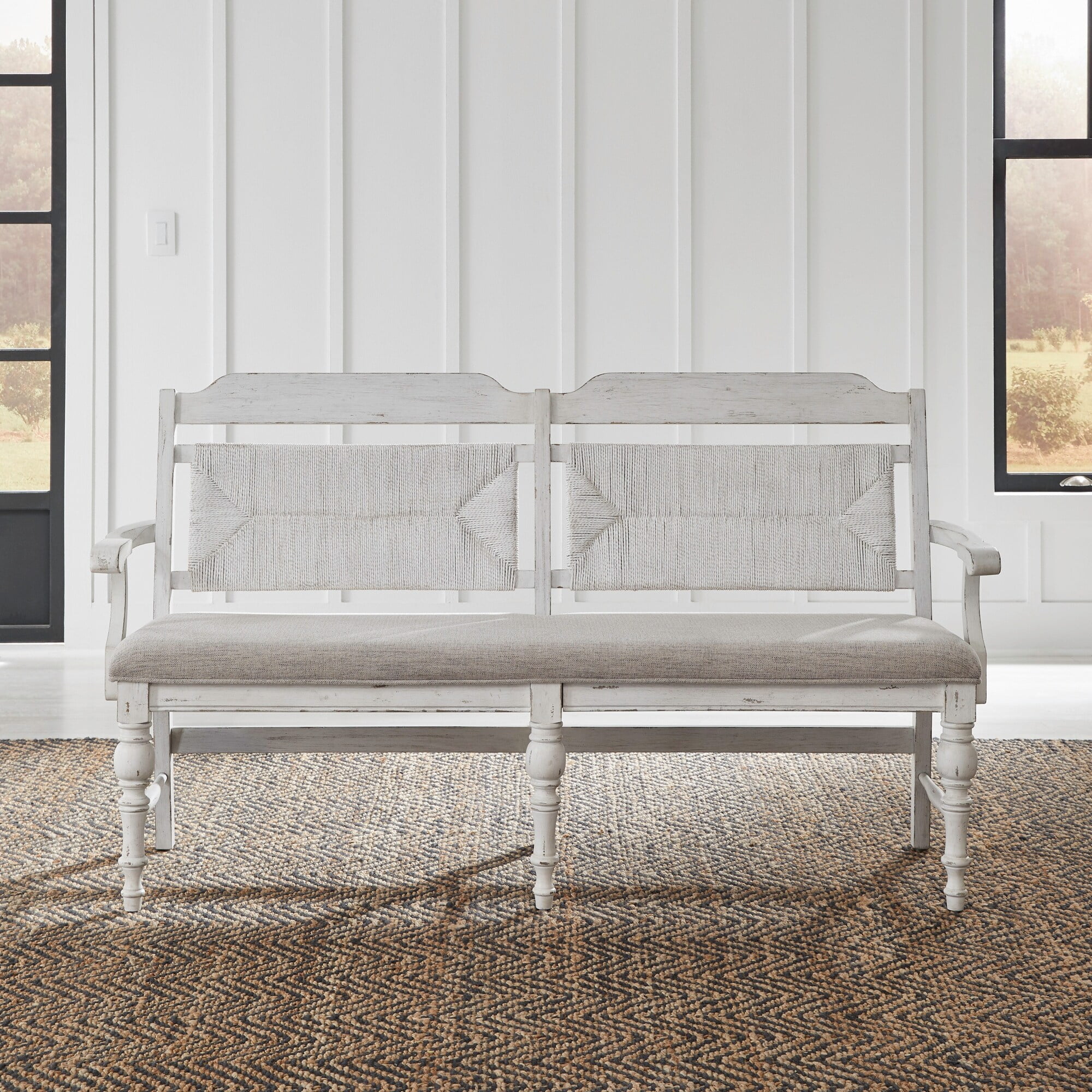 Riverstone White Pine Panel Back Bench with Linen Upholstery