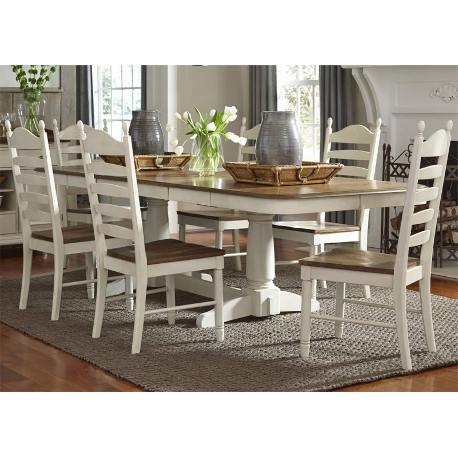 Liberty Furniture 7 Piece Double Pedestal Table Set in Rubberwood Solids & White Oak Veneers