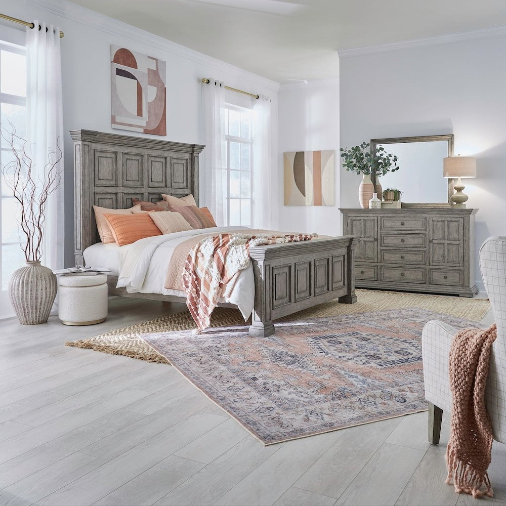 Gray King Panel Bed with Dresser and Mirror in Rubberwood and Birch