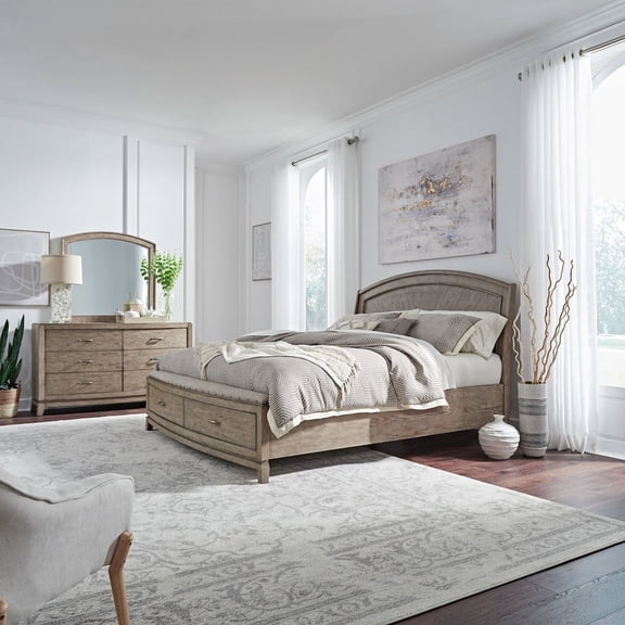 Liberty Furniture King Panel Storage Bed, Dresser & Mirror - Bedroom Sets - Burnished Beige