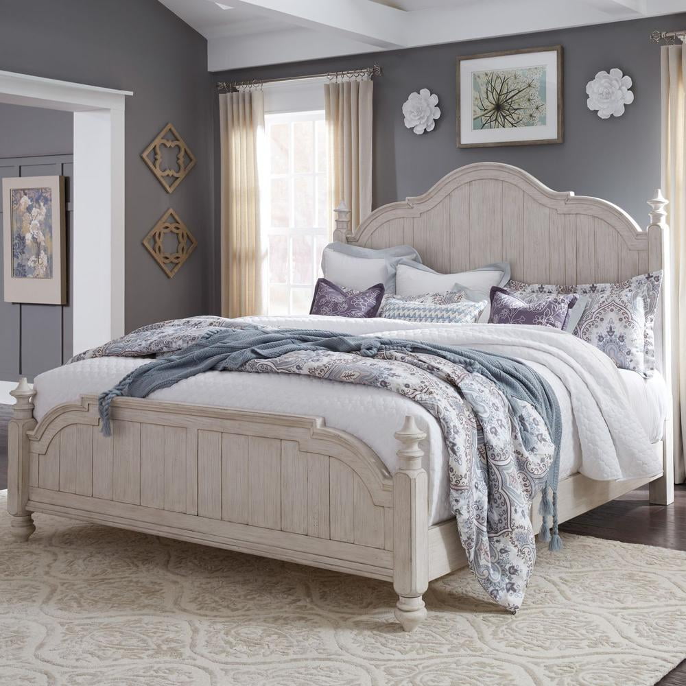 Cottage Charm Antique White King Poster Bed with Pine Frame