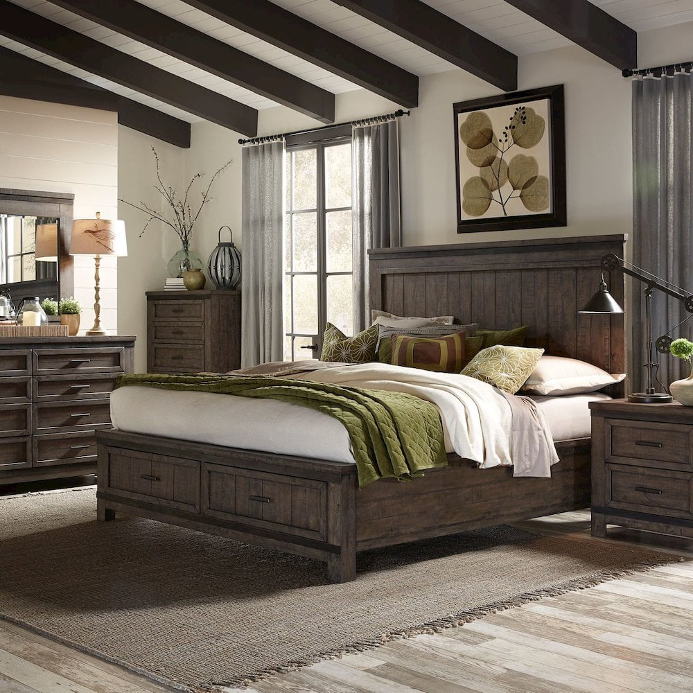 Dark Gray King Storage Bed Set with Dresser, Mirror, and Nightstand