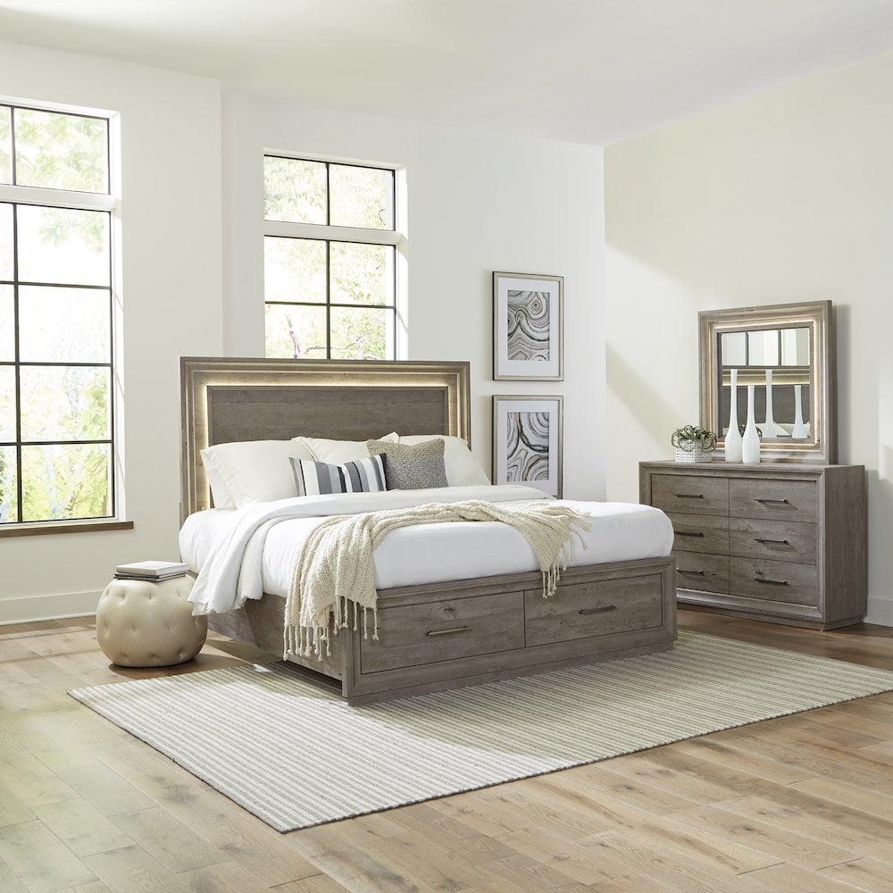 Gray Queen Storage Bed with Dresser and Mirror Set
