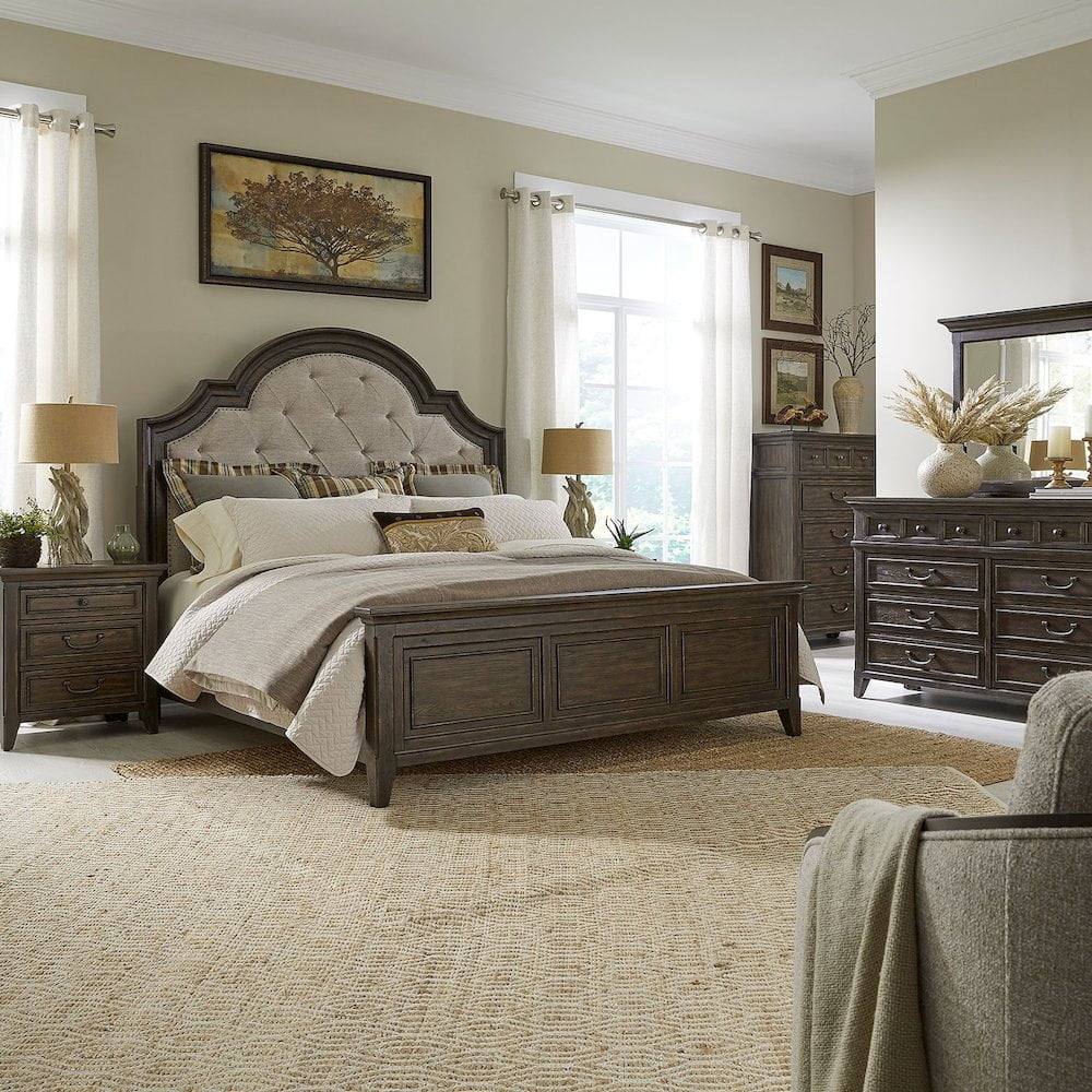 King Dark Brown Upholstered Bed Set with Dresser, Mirror, Chest, Nightstand