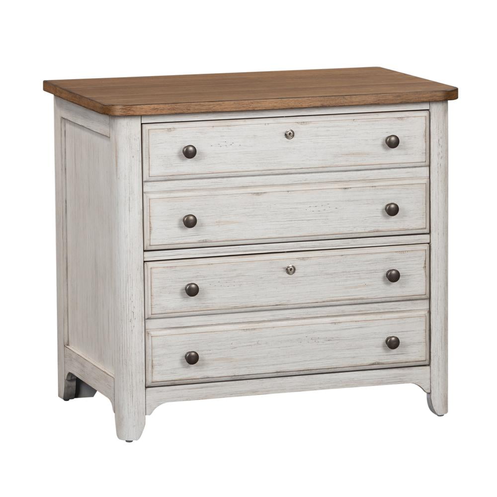 White Transitional Lockable Lateral File Cabinet with Distressed Finish
