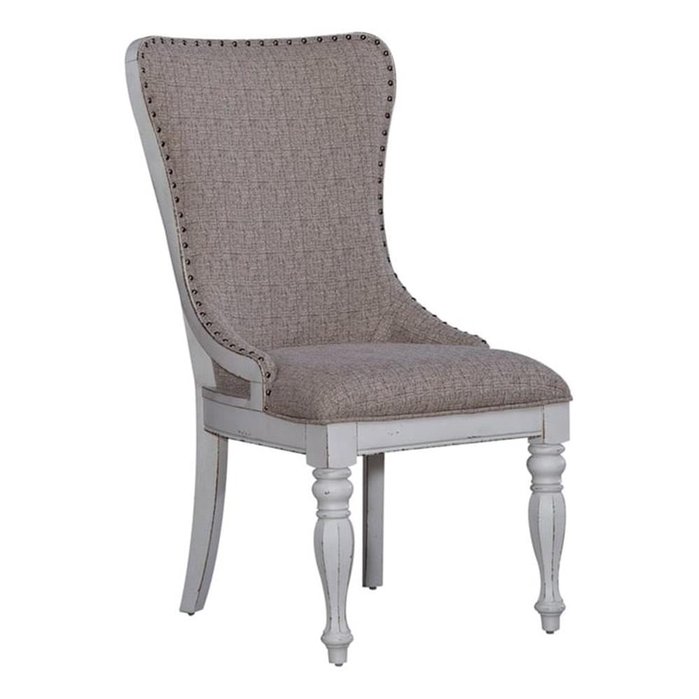Antique White Upholstered Wing Back Side Chairs, Set of 2