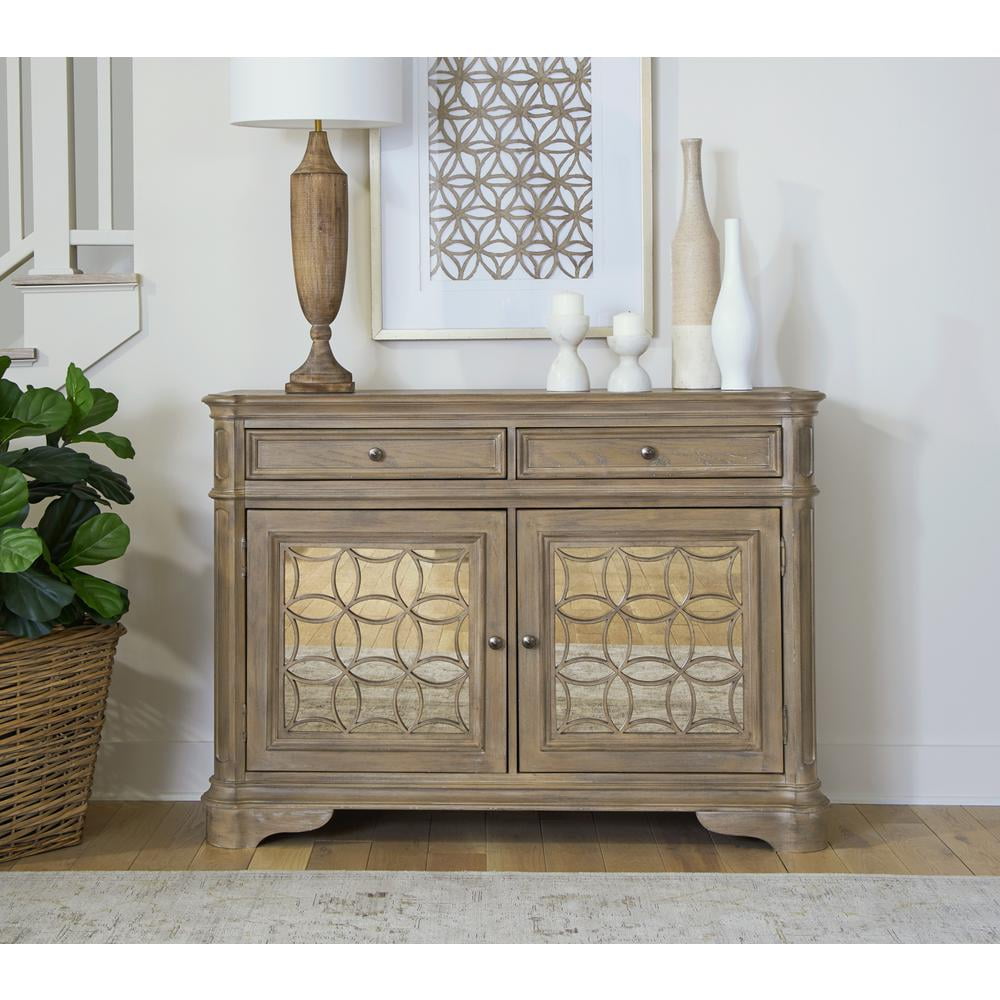 Weathered Bisque Mirrored Buffet with Decorative Grid Overlay