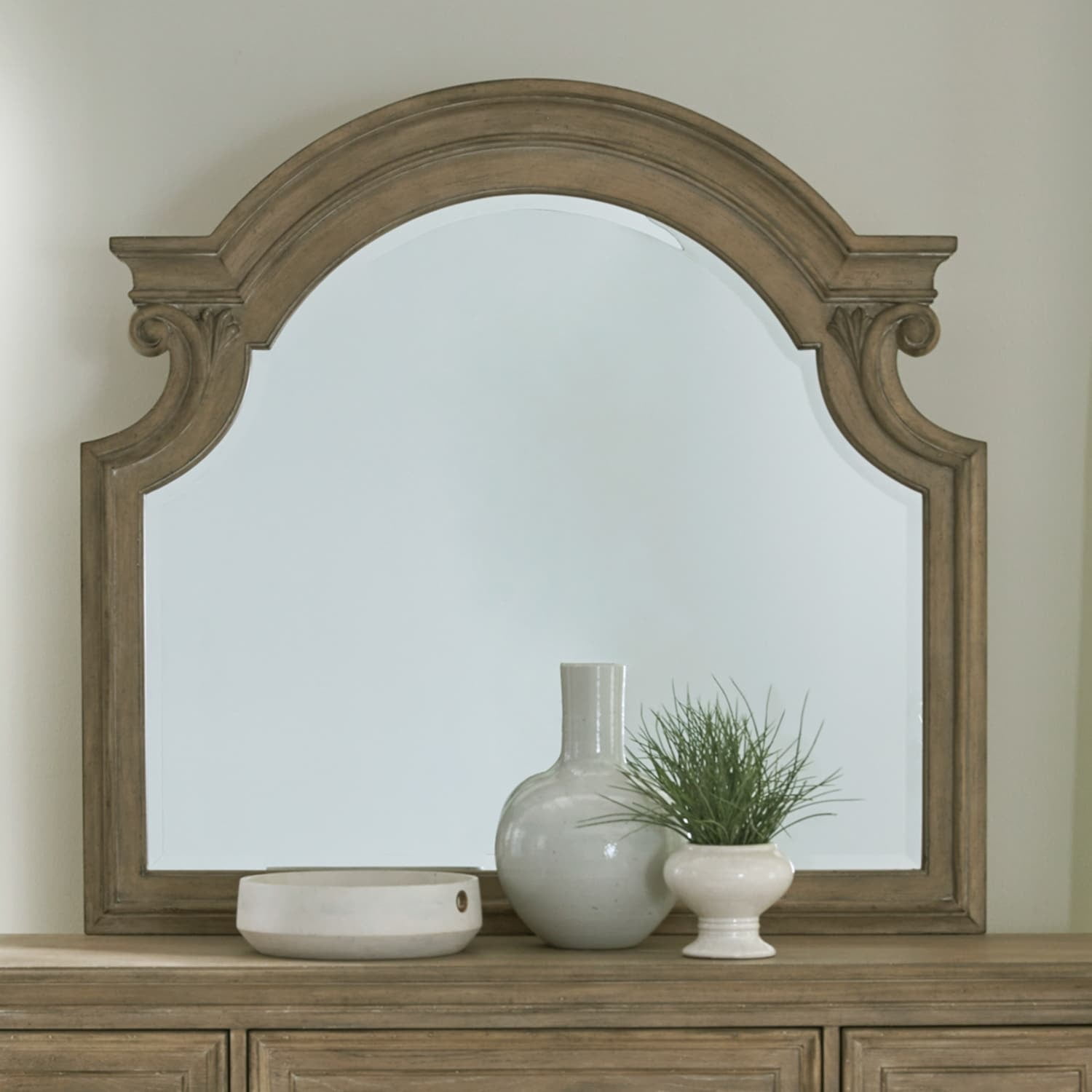 Traditional Brown Wood Scrolled Mirror with Beveled Edge