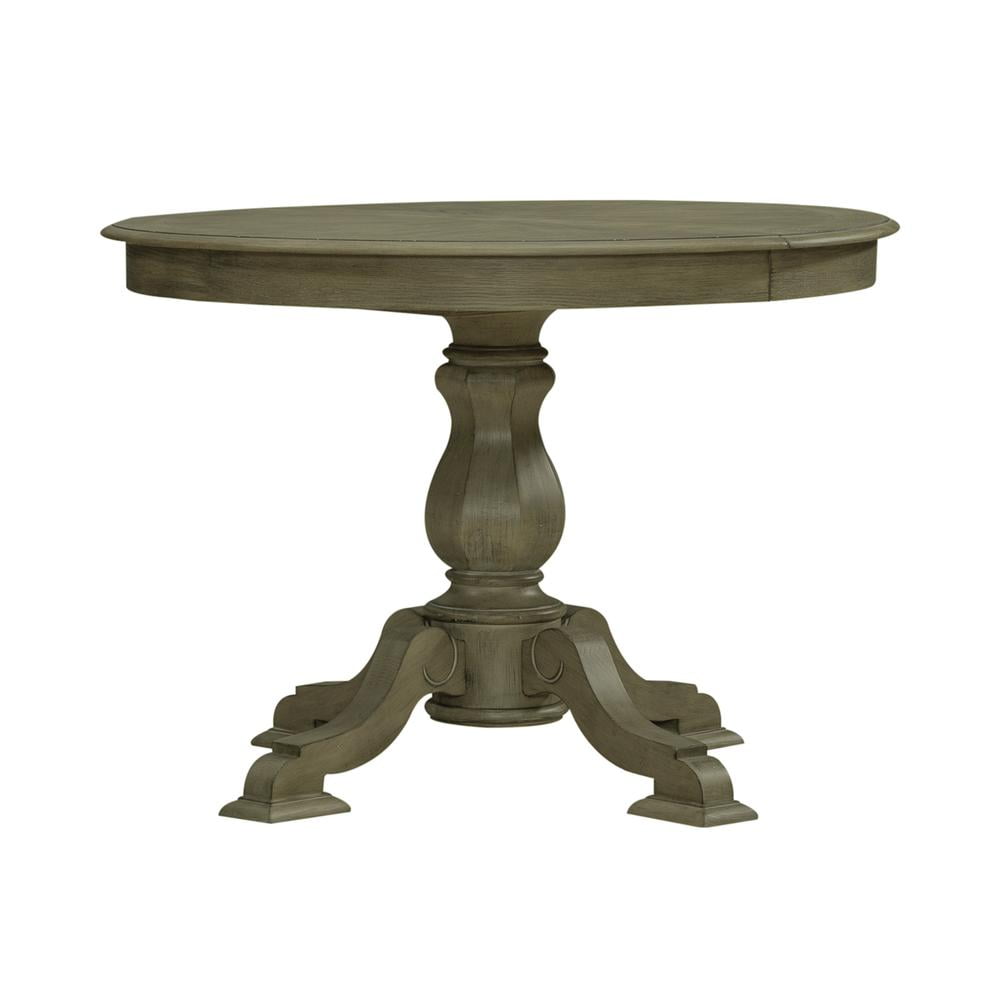 Weathered Bisque Round Extendable Wood Pedestal Dining Table
