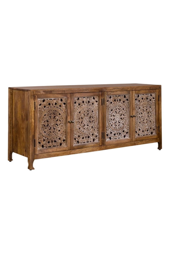 Marisol 74" 4-Door TV Stand, 1 Shelf, Brown Wood, Weathered Finish
