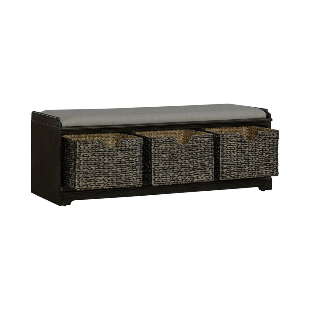 Peppercorn Espresso Wall Bench with Cream Linen Seat and Storage Baskets
