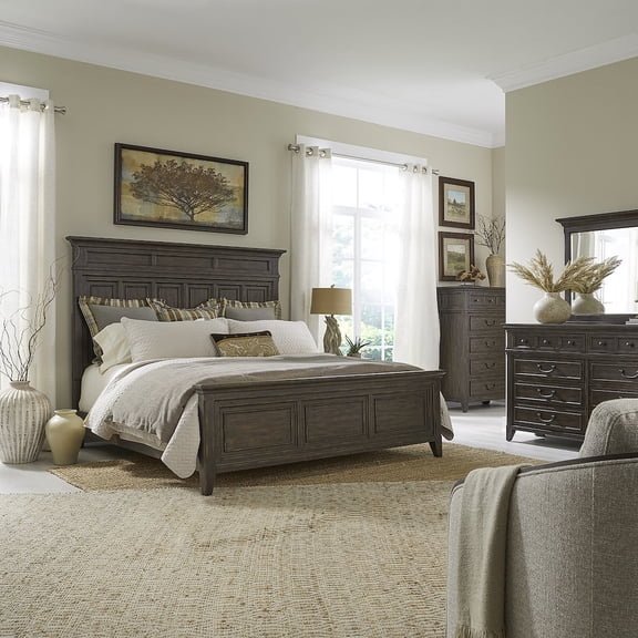 Liberty Furniture Paradise Valley Queen Panel Bed, Dresser & Mirror, Chest - Saddle Brown