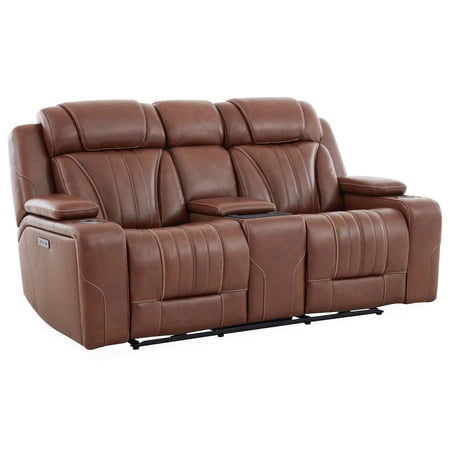 Liberty Furniture Power Recline Loveseat with Console, Charging Ports - Nature Chestnut Leather