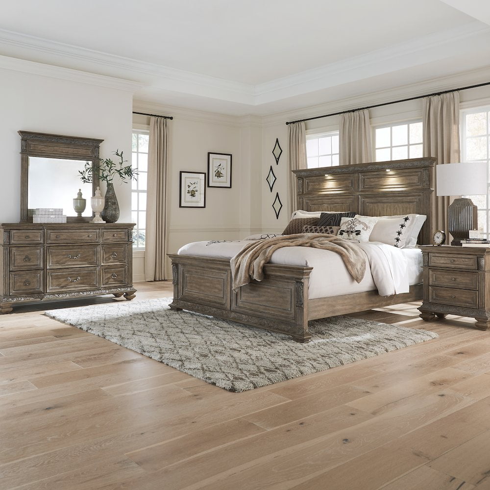 Chestnut Rubberwood Queen Panel Bed Set with Dresser and Mirror
