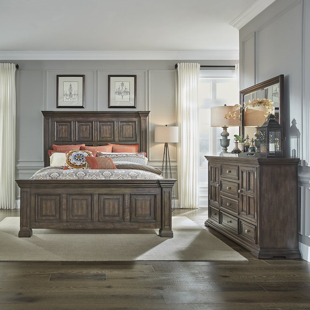 Brownstone Queen Panel Bed with Dresser and Mirror