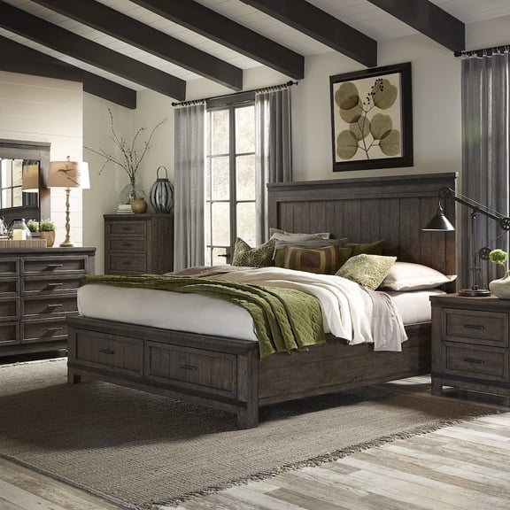Liberty Furniture Industies, INC Queen Storage Bed, Dresser & Mirror, Chest, Night Stand - Rock Beaten Brown