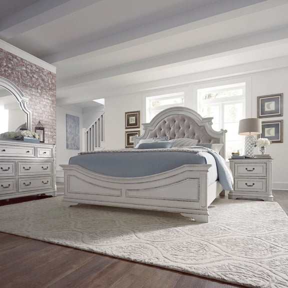 Liberty Furniture Industies, INC Queen Upholstered Bed, Dresser & Mirror, Night Stand - Antique White