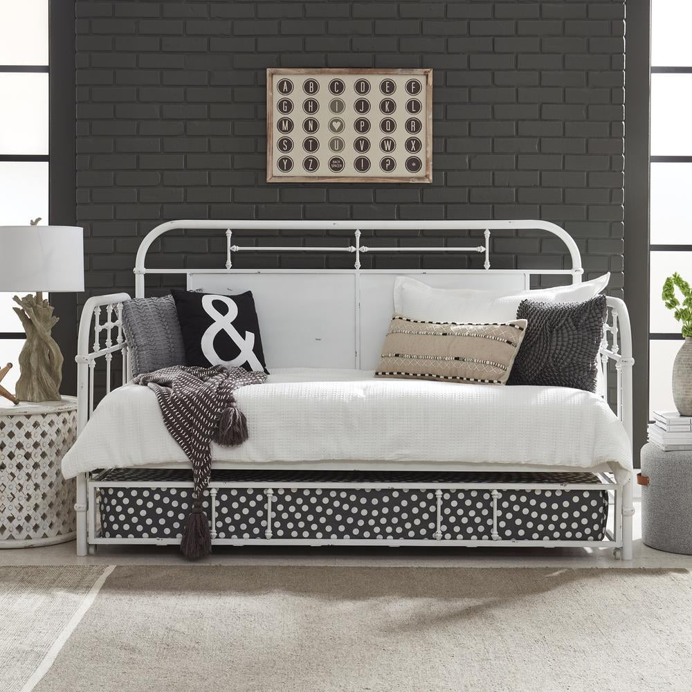 Antique White Twin Metal Daybed with Trundle