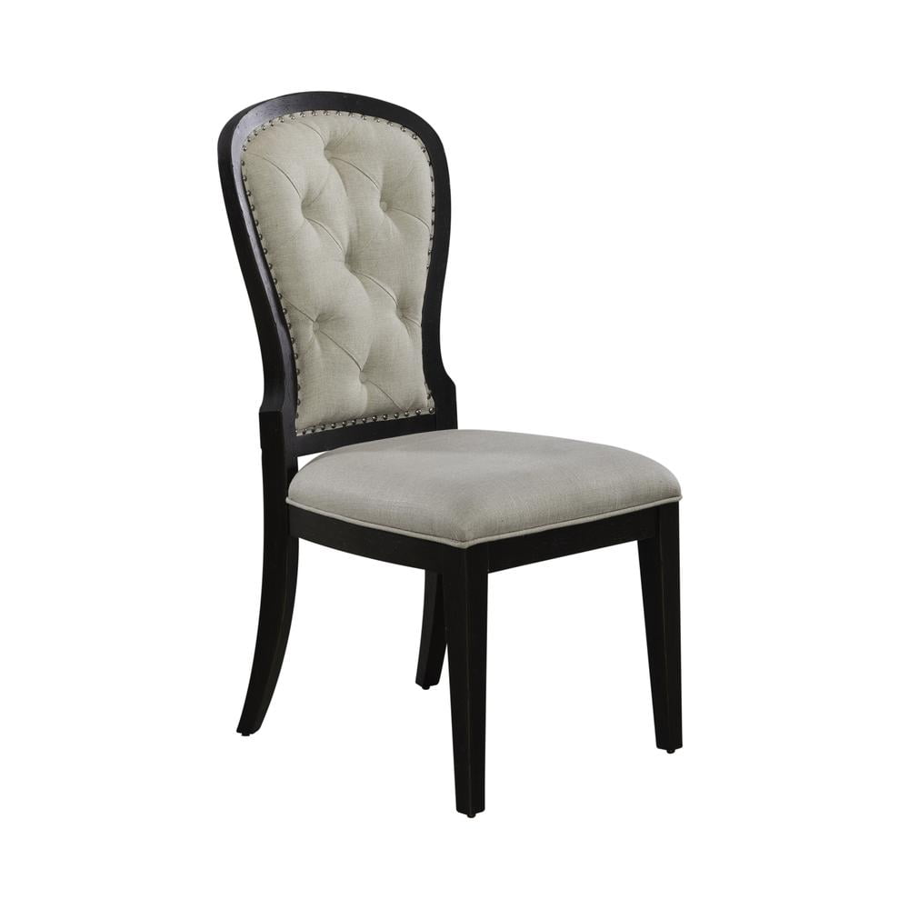 Black Tufted Linen Upholstered Side Chair with Wood Frame