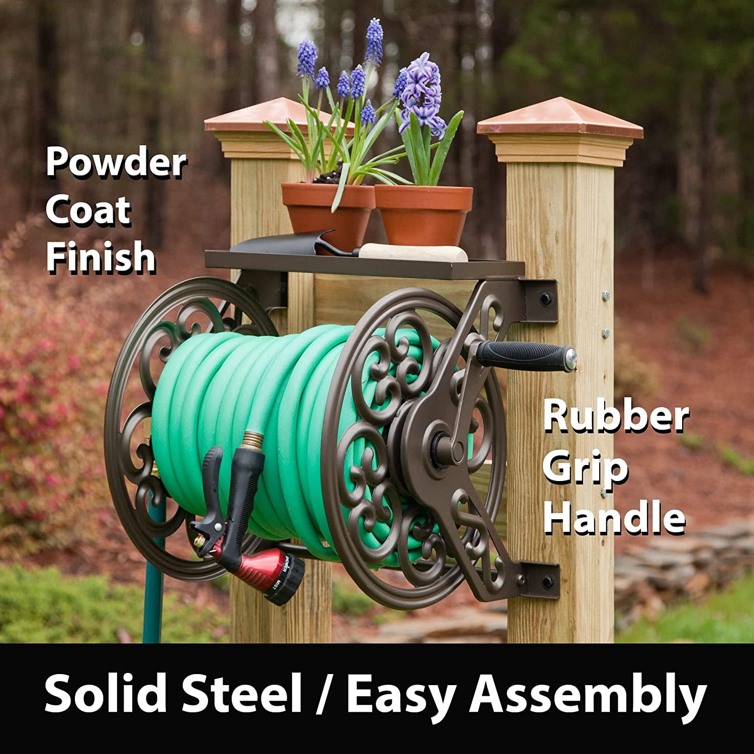 Liberty Garden 708 Steel Wall Mount Garden Hose Reel, Holds 125ft 5/8" Hose, Decorative Bronze Finish