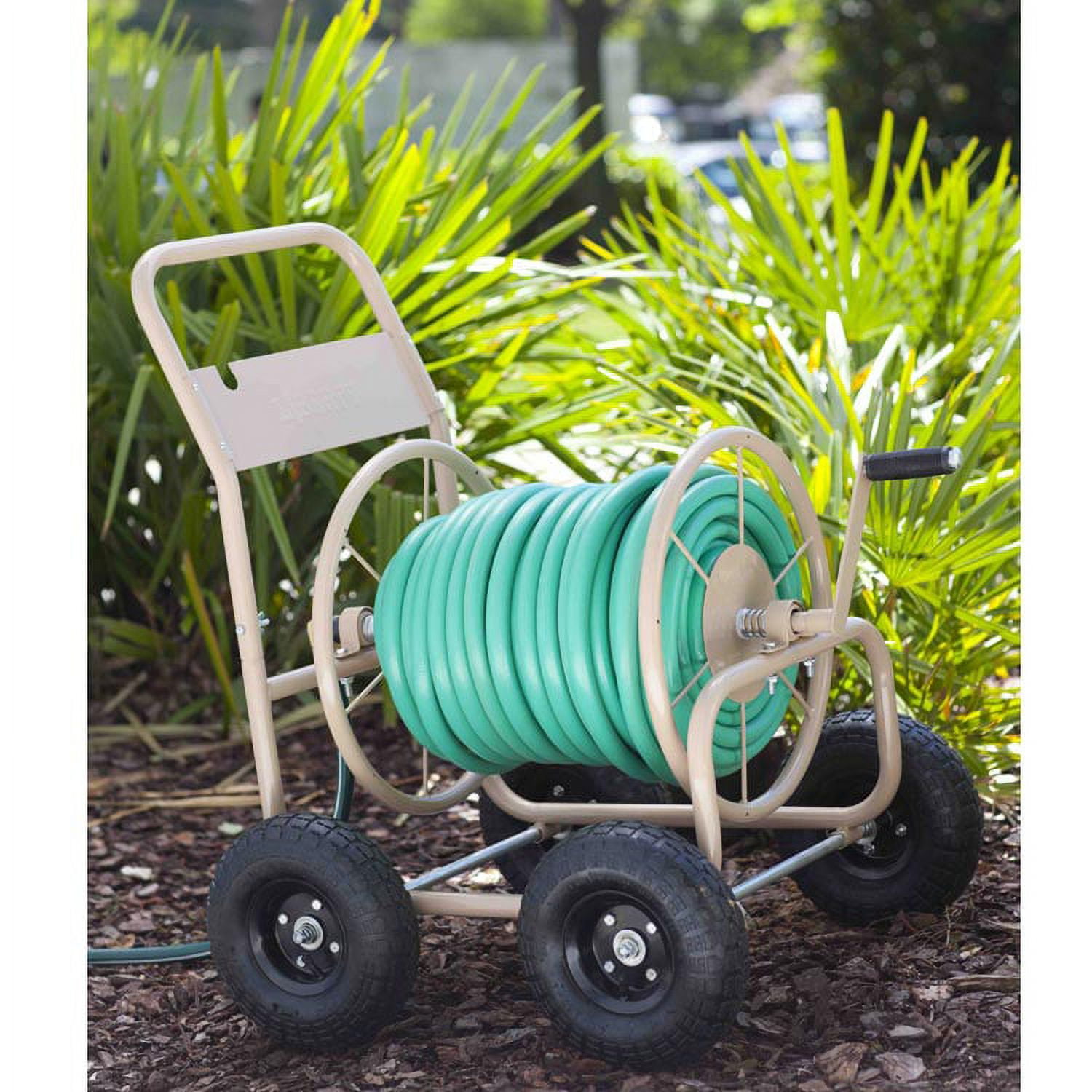 Beige Steel Frame 4-Wheel Garden Hose Reel Cart