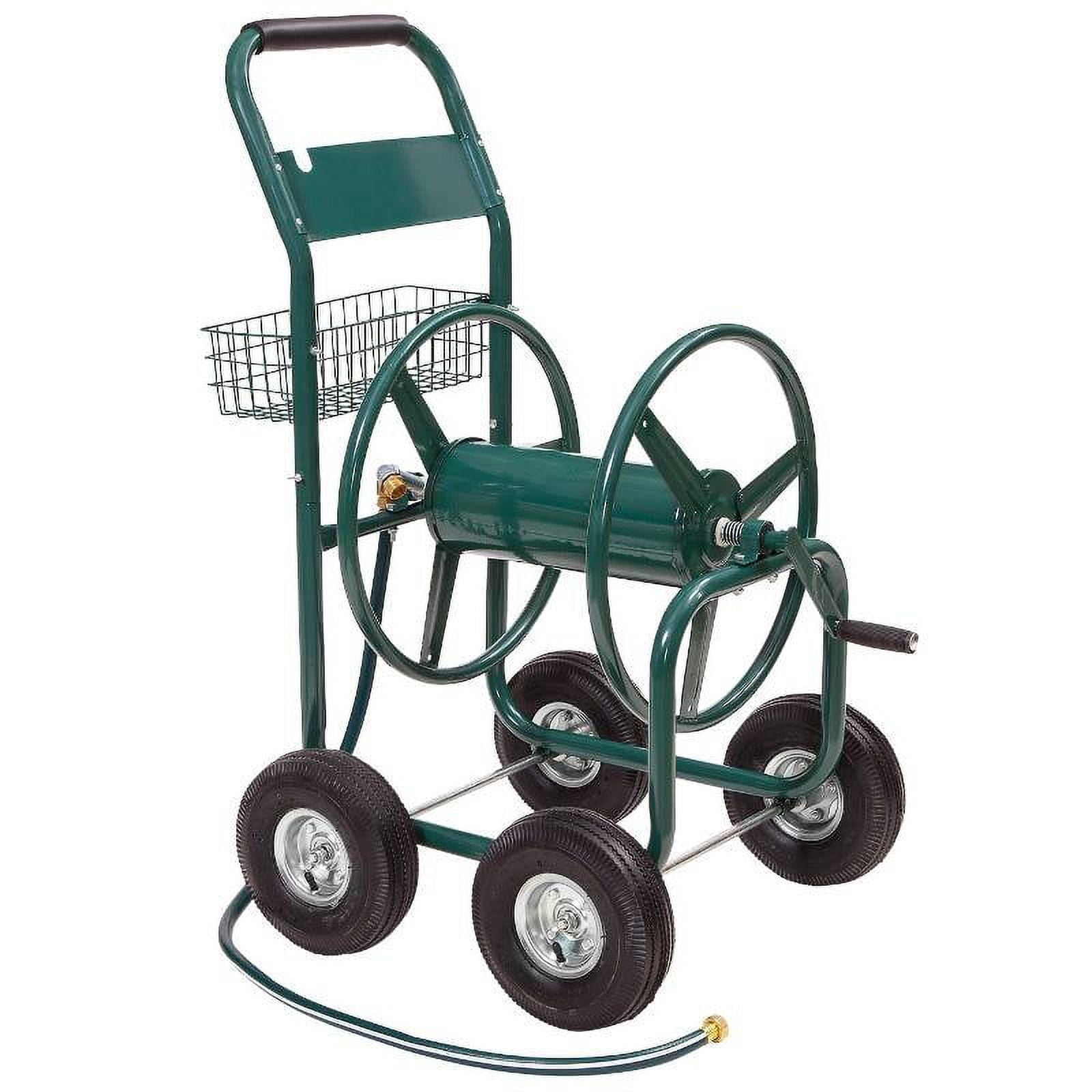 Green Steel 4-Wheel Garden Hose Reel Cart with Basket