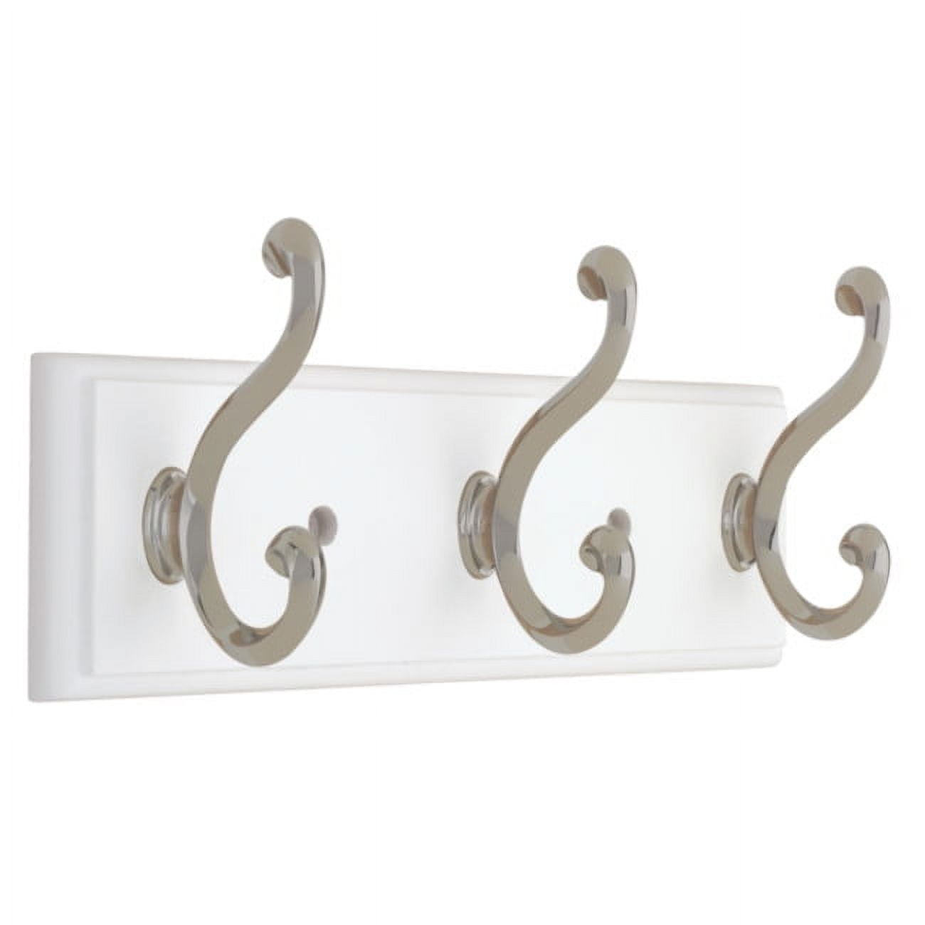 Liberty Hardware 10 in. Coat and Hook Rack with 3-Scroll Hooks - Flat White  / Satin Nickel