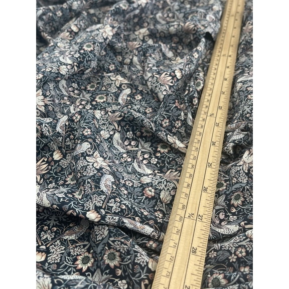 Liberty London Strawberry Thief II Kensington Silk Crepe de Chine Fabric, Midnight Bird Print for Dressmaking, 54" Wide, By the Yard