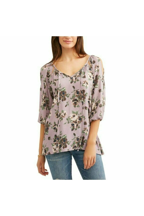 Liberty Love Blouse Women's Size S Lilac Floral Cold Shoulder Tie Front --B1--