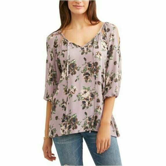 Liberty Love Blouse Women's Size S Lilac Floral Cold Shoulder Tie Front --B1--