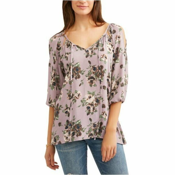 Liberty Love Blouse Women's Size S Lilac Floral Cold Shoulder Tie Front --B1--
