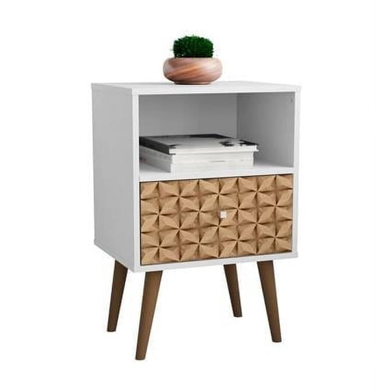 Liberty Mid-Century - Modern Nightstand 1.0 with 1 Cubby Space & 1 Drawer, White & 3D Brown Prints