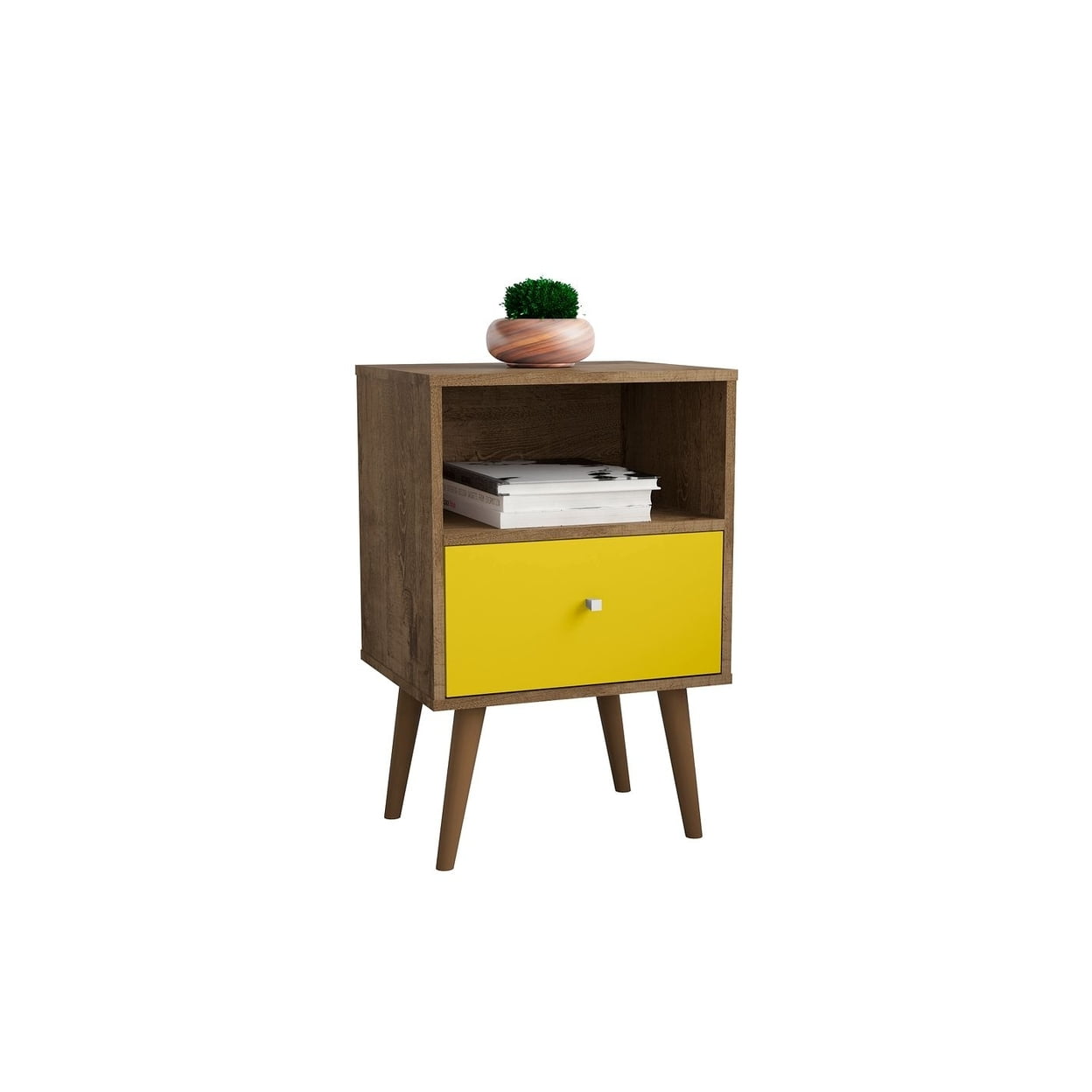 Rustic Brown and Yellow Mid-Century Modern Nightstand with Drawer